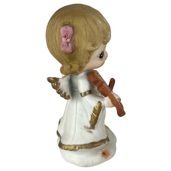 Vintage UCGC Ceramic Angel Figurine Playing Violin With Gold Accents & Pink Bows - Picture 3 of 8